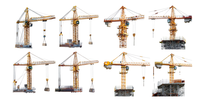 Various Construction Cranes with Equipment Displayed, PNG collection, set bundle, isolate on transparent or white background