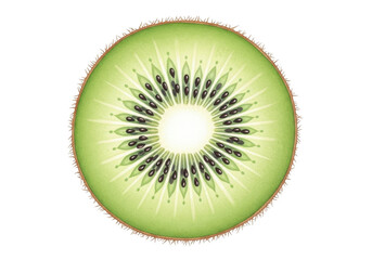 A vibrant kiwi slice isolated on transparent background, showcasing its unique pattern and color. Close-up of a perfectly sliced ripe kiwi fruit showing its vibrant green flesh and tiny black seeds