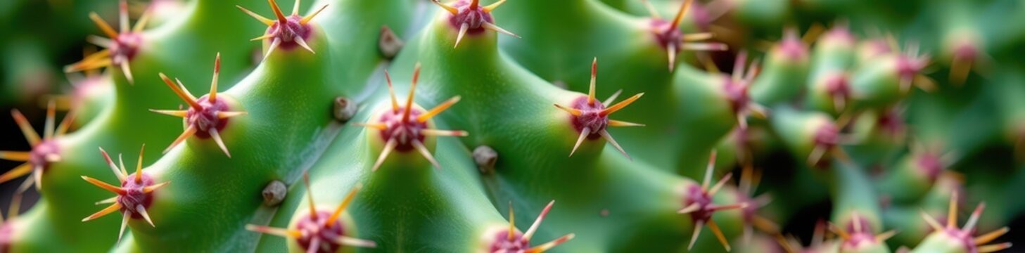 Close-up of a vibrant green prickly pear cactus pad, showcasing its numerous spines and plump, succulent texture, botanical, flora, green
