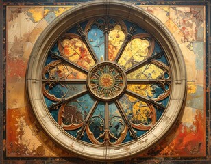 Ornate stained glass window, circular design, antique style, interior detail