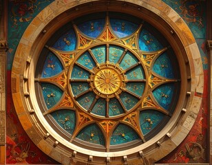 Ornate stained glass window with a sunburst design