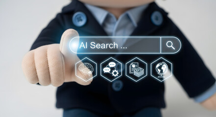 Plush figure interacting with virtual AI search interface, symbolizing innovation and future technology exploration
