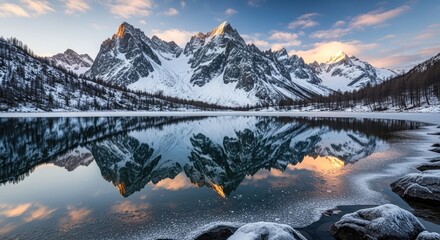 Stunning snow capped mountain peaks reflect perfectly in still icy lake waters during golden hour sunrise, creating a serene and breathtaking winter landscape scene.