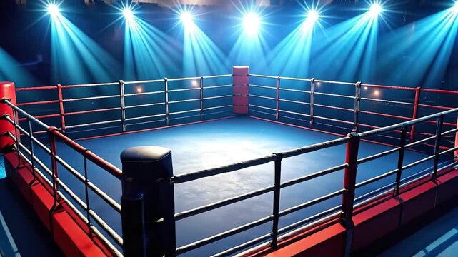 Boxing Ring Illuminated Dramatic View of Empty Arena with Spotlights and Ropes