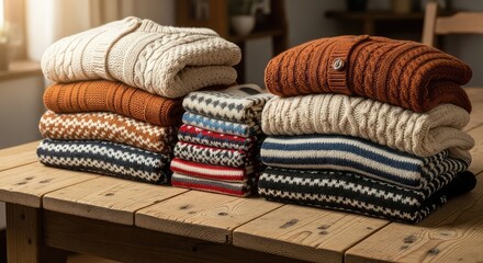 Cozy piles of warm knit sweaters in rustic autumn colors and classic patterns stacked neatly on a wooden table, perfect for fall and winter fashion inspiration and retail displays.