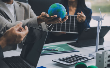 Carbon offset price report CO2 emission. Future growth Net zero waste in ESG ethical SME office protect climate change global warming social issues project. Group of asia people Eco friendly SDGs plan