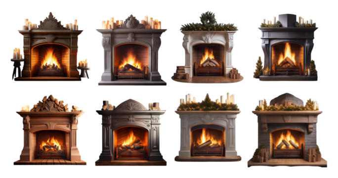 Various Elegant Fireplaces with Cozy Flames and Festive Decorations, PNG bundle collection, Isolated on Transparent Background - Powered by Adobe