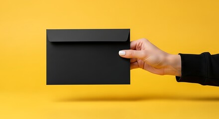 Elegant Hand Holding Black Envelope Against Vibrant Yellow Background.