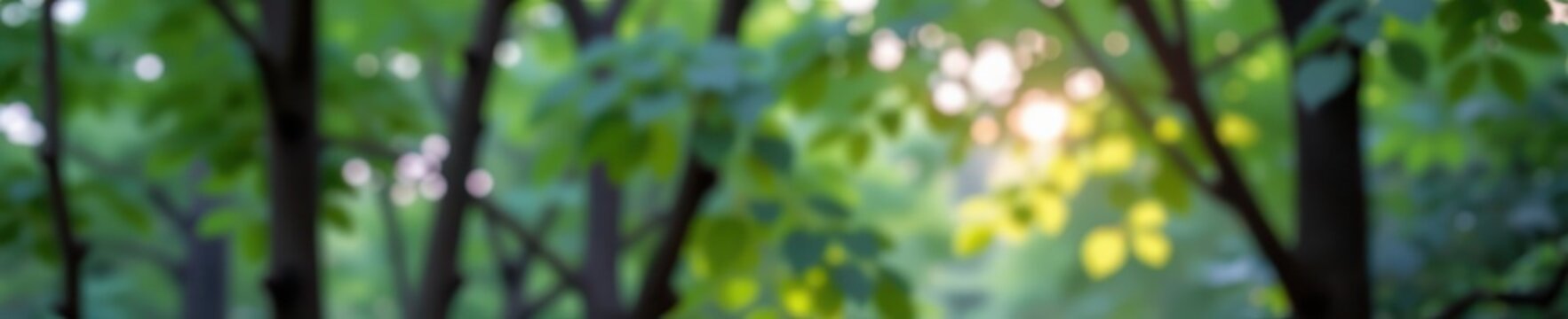 Blurred green trees with soft bokeh lights creates a dreamy, natural backdrop, subtle, forest scene, nature