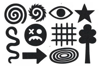 Collection of distressed dark gray silhouette shapes and illustrations, suitable for graphic design and punk rock aesthetics