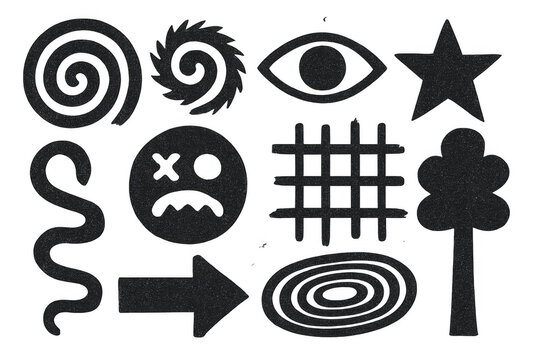 Collection of distressed dark gray silhouette shapes and illustrations, suitable for graphic design and punk rock aesthetics