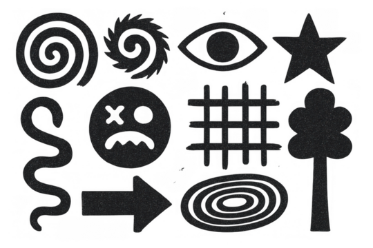 Collection of distressed dark gray silhouette shapes and illustrations, suitable for graphic design and punk rock aesthetics - Powered by Adobe