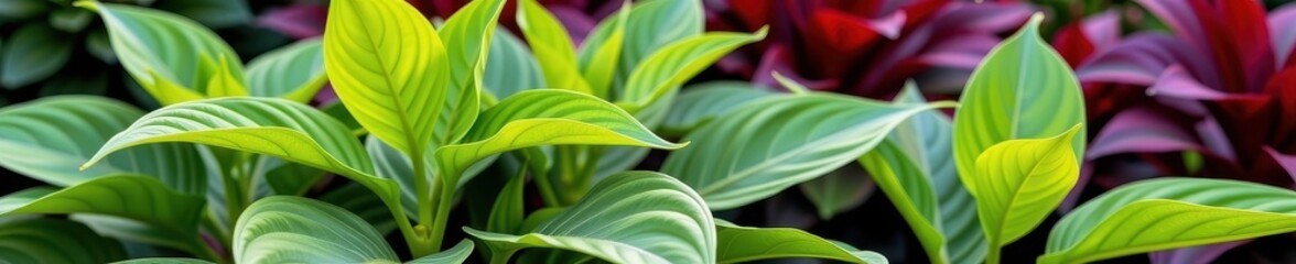 Obraz premium Lush green hosta leaves, vibrant foliage in a garden setting, natural texture and color, flora, vibrant, texture
