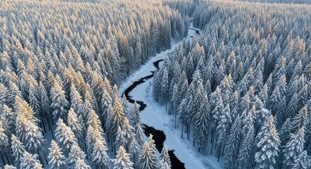 Stunning aerial view captures serene winter forest with snow-dusted fir trees and a winding dark river flowing through the icy landscape under warm golden light.