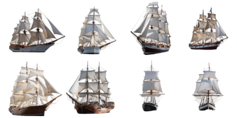 Classic Sailing Ships on Display in Various Angles,PNG set collection, isolated on transparent background