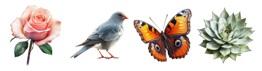 Colorful Flora and Fauna Arrangement Featuring Rose, Bird, Butterfly, Succulent, Isolated on Transparent Background