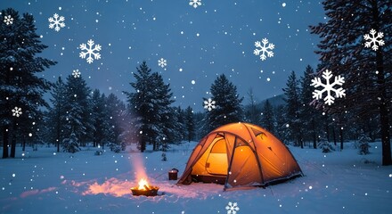 Cozy illuminated tent glows warmly beside a crackling campfire in a serene snowy forest under a gentle snowfall, creating an inviting winter adventure scene.