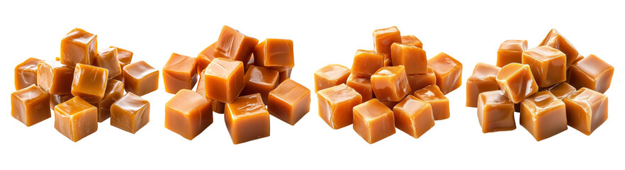 Assorted Caramel Cubes on White Background for Sweet Treats, PNG bundle collection, Isolated on Transparent Background
