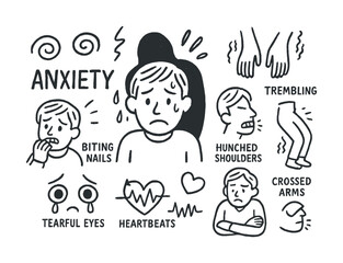 Anxiety symptoms illustrations: expressions of stress and nervousness