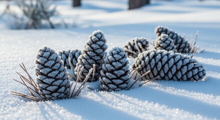 Stunning close-up of frosted pinecones nestled in pristine snow, capturing the crisp beauty of winter's delicate touch and the magic of a sunlit morning landscape.