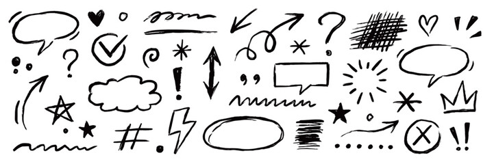 Line arrow, frame, underline sketch elements set. Hand drawn crayon pencil, texture brush stroke scribble doodle elements . Marker arrow, chalk sketch square, grunge check mark. Vector illustration