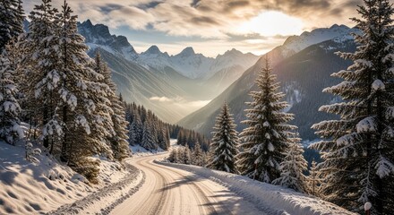 Serene winter mountain pass unfolds with a winding snow-covered road, framed by majestic pine trees and bathed in the warm glow of a golden sunlit sky