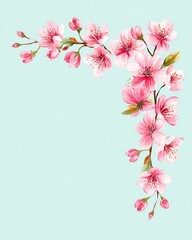 Naklejka premium watercolor cherry blossom corner frame on soft aqua