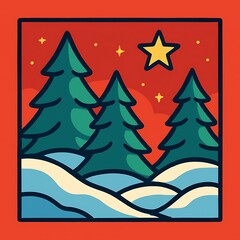 Fototapeta premium Christmas Trees Winter Scene with Star Snow Hills Red Framed Holiday Illustration
