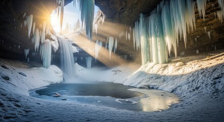 Stunning winter wonderland showcases a frozen waterfall with majestic icicles and dramatic sunbeams piercing through the cave entrance, creating a magical natural spectacle.