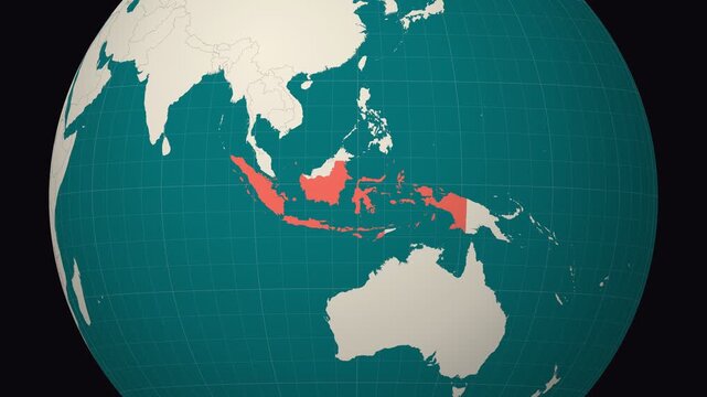 Indonesia map. Animated zoom into the country on the Globe in Teal Pale Mint color palette. Country logo animation. Map with meridians, parallels. Creative video.