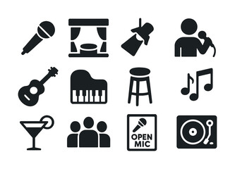 Music and performance icons: microphone, stage, instruments, and audience illustrations