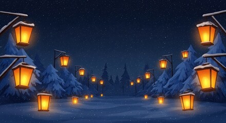 Enchanting winter night path illuminated by warm glowing lanterns amidst snow-covered evergreen trees under a starry sky