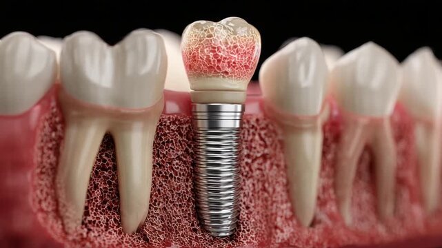 A detailed, labeled cross-section of teeth and gums with dental implant and bone structure