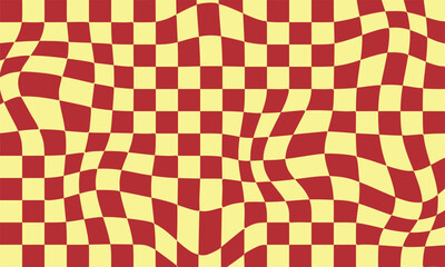 Distorted checkerboard pattern in red and yellow creating an optical illusion with wavy lines. Vibrant geometric background ideal for abstract and retro design projects.