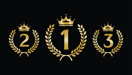 Obraz premium Elegant gold ranking emblem set with laurel wreaths and crowns showing first, second, and third place on black background. Perfect for award, competition, and success themes.
