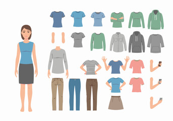 A woman standing next to clothing and body parts, showcasing various outfit options and poses.