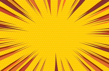 Yellow comic burst background with dynamic radial speed lines and subtle halftone texture. 