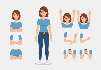 Cartoon woman character kit with interchangeable arms and hands in various poses and holding a smartphone.