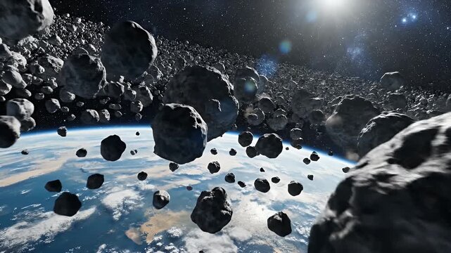 Space scene of a meteor shower, featuring asteroid fragments and a celestial vista
