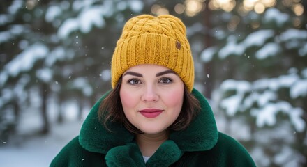 Joyful woman with warm yellow beanie and green fur coat smiling gently in snowy winter forest, perfect for holiday campaigns and lifestyle content.