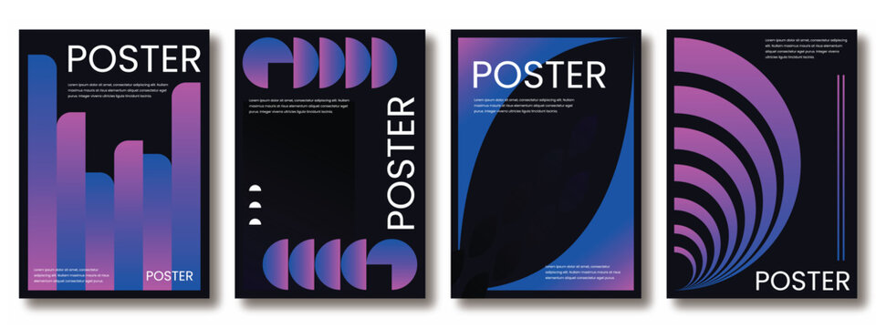 Futuristic neon poster templates with purple, pink, and blue gradient bars and curves on dark backgrounds. Perfect for music events, tech promotions, and modern digital branding.