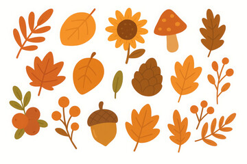 Joyful collection of autumn leaves, acorns, and sunflower for seasonal design