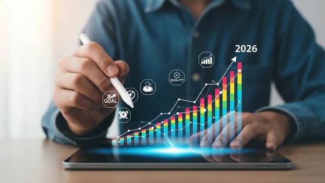 Person using tablet with projected graph and icons for business year