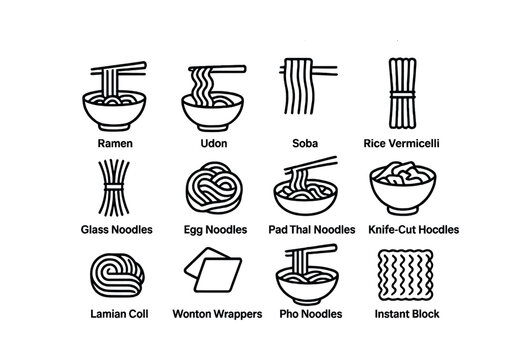 Icon set of various asian noodles: ramen, udon, soba, and more
