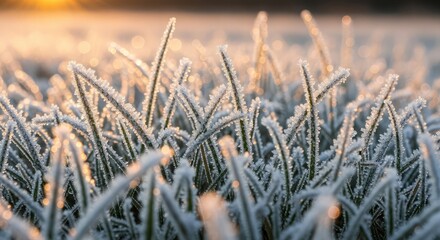Sparkling frost crystals glisten on blades of grass bathed in warm, golden sunrise light, creating a magical winter morning scene with bokeh highlights.