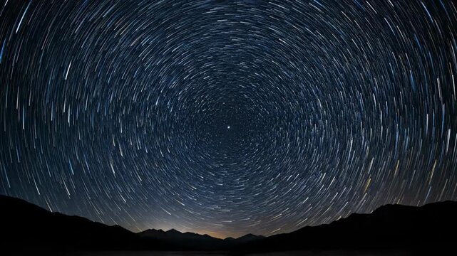 Mesmerizing star trails rotating around the celestial pole in a dark night sky timelapse background, future, constellations