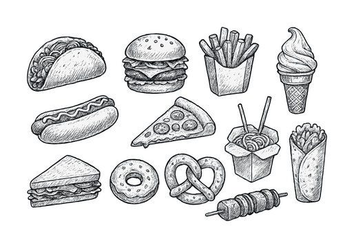 Hand-drawn fast food variety illustration featuring popular snacks and meals