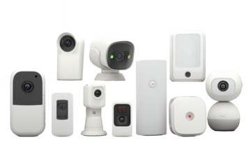 Isometric view of security devices including cameras, sensors, and chime box on white background