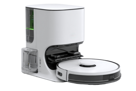 Slim white robot vacuums and accessories arranged diagonally with soft lighting