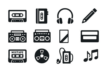 Retro audio icons set: headphones, cassette tape, boombox, mixtape, music notes